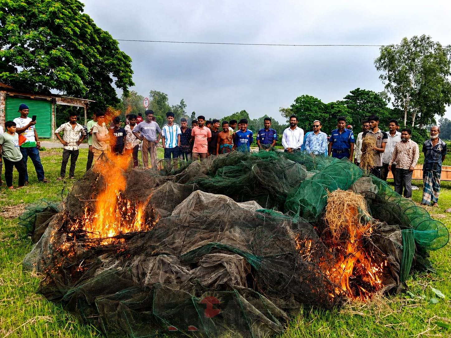 গোপালপুরে  অবৈধ চায়না জাল পুড়িয়ে ধ্বংস
